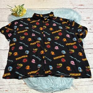 Pac-Man Boys Black Graphic Short Sleeve Button Down Shirt sz XL